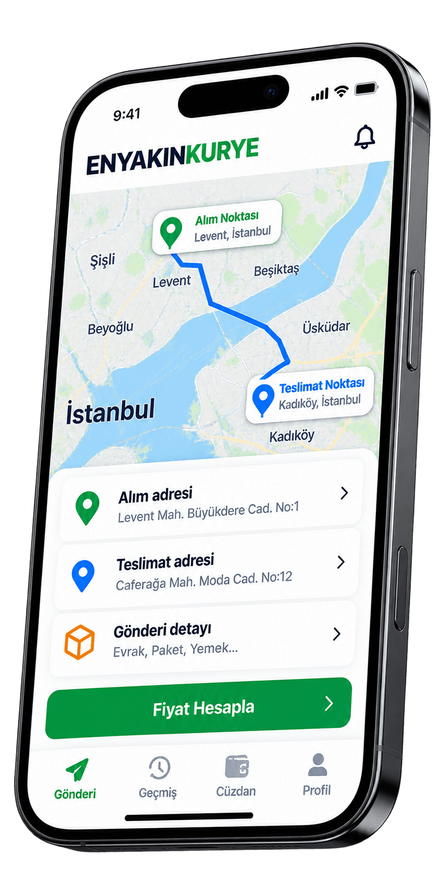 En Yakın Kurye uygulamasında gönderi oluşturma ekranı: alım ve teslimat noktası harita üzerinde işaretli.