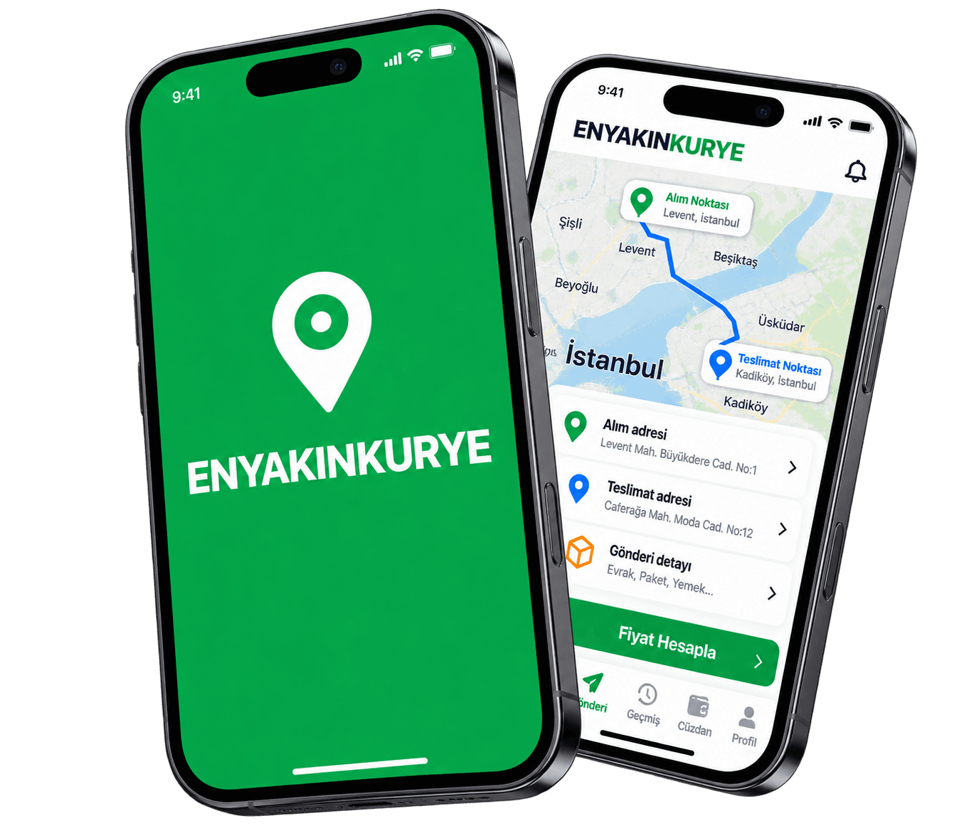 En Yakın Kurye mobil uygulamasının açılış ve gönderi oluşturma ekranları.